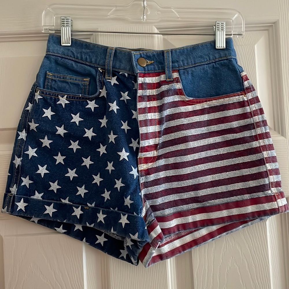 AMERICAN APPAREL high rise patriotic jean shorts